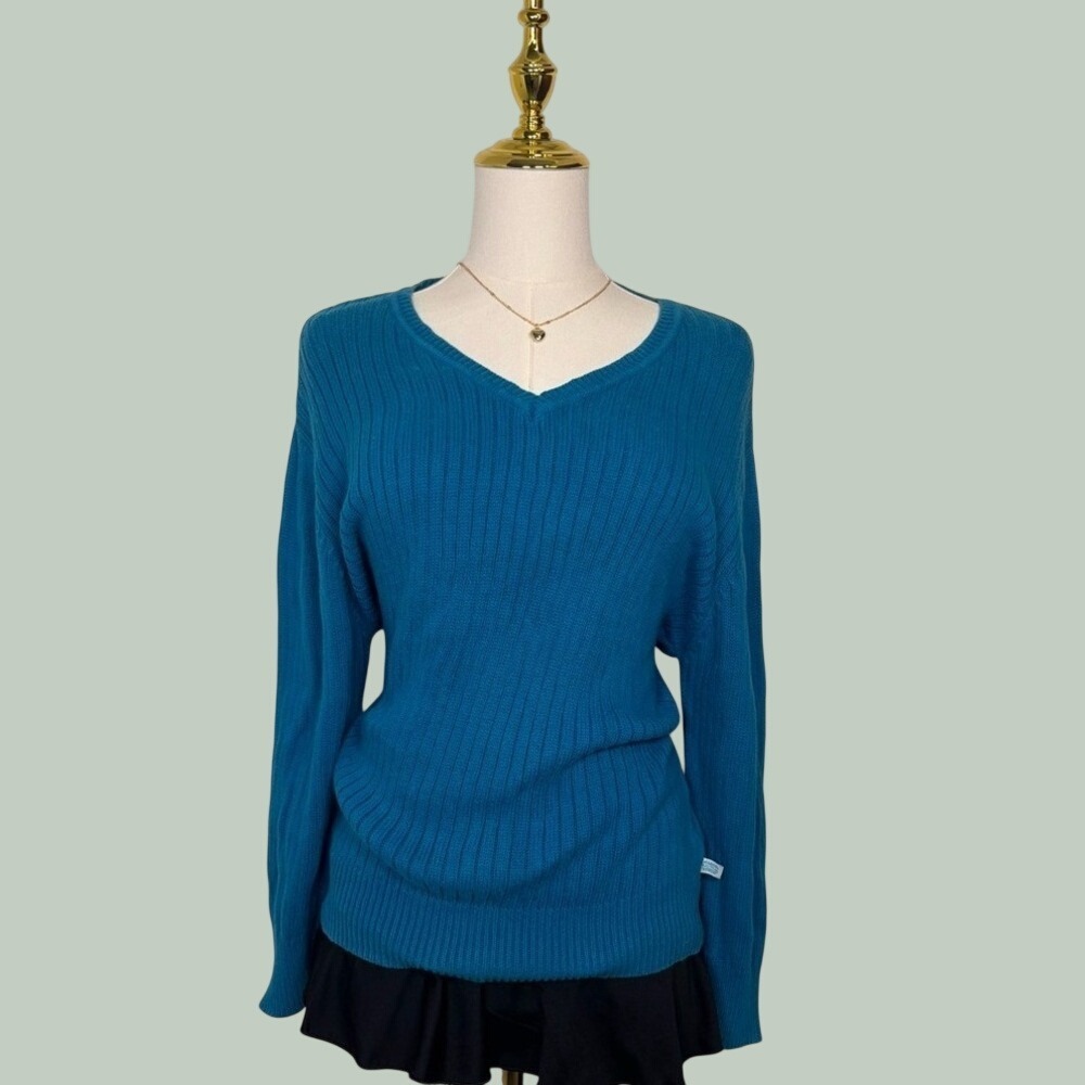 vintage route 66 blue knit sweater y2k vneck dark academia autumn cozy twilight